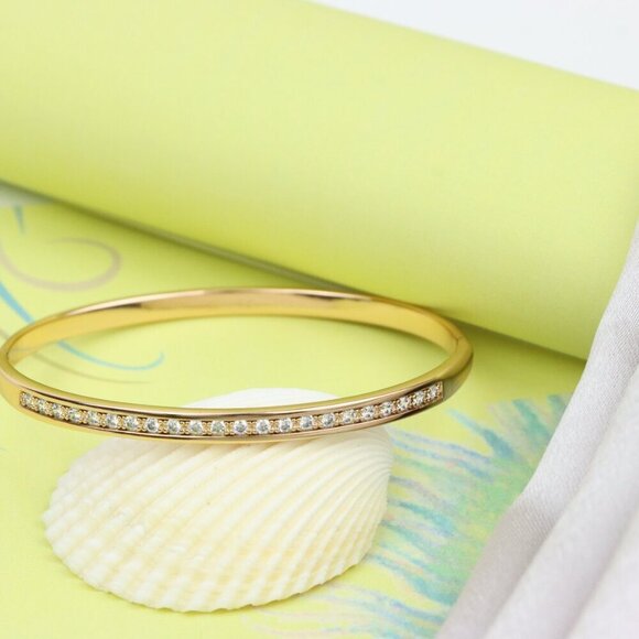 Elegant Rose Gold Bangle with CZ Stones in Sleek Minimal Design, XPBL0415 - Picture 4 of 11